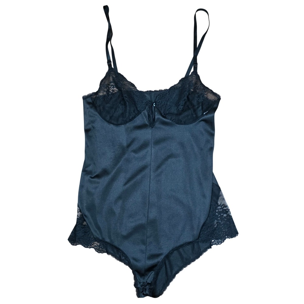 Vintage Vanity Fair Black Lace Trim Bodysuit Teddy Size 32 Antron III Nylon USA